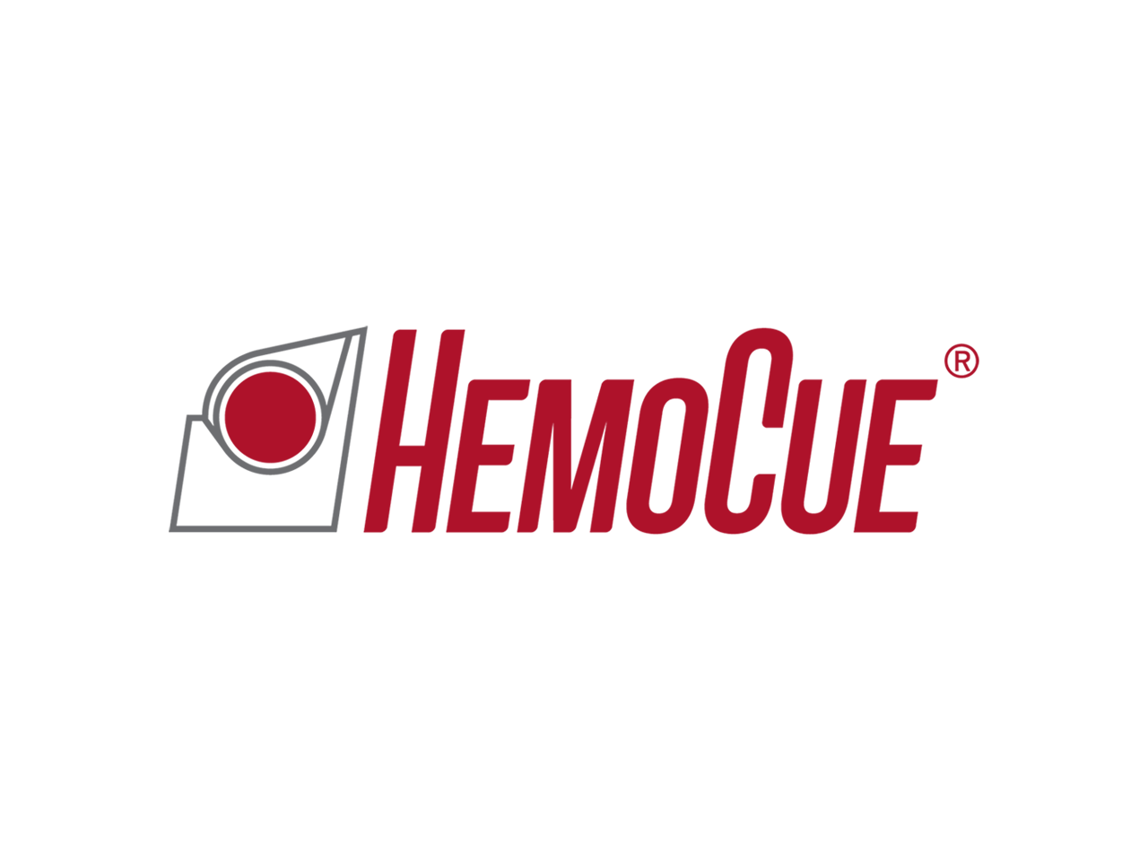 HemoCue logo i rødt og grått med et sirkel symbol til venstre.