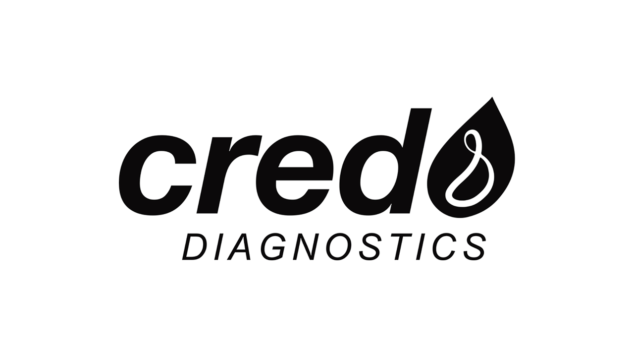 Credo Diagnostics logo i svart farge med et dråpe-symbol til høyre.