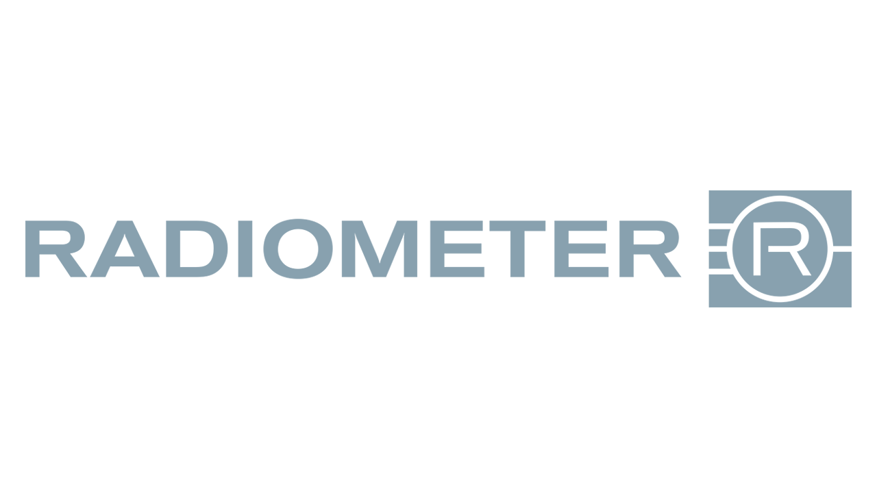 Radiometer logo i grått med en sirkel og bokstaven R til høyre.